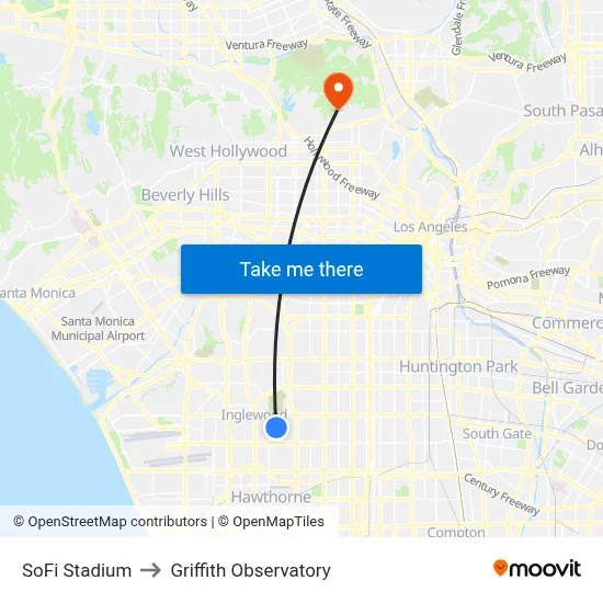 SoFi Stadium to Griffith Observatory map
