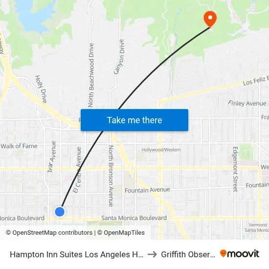 Hampton Inn Suites Los Angeles Hollywood CA to Griffith Observatory map