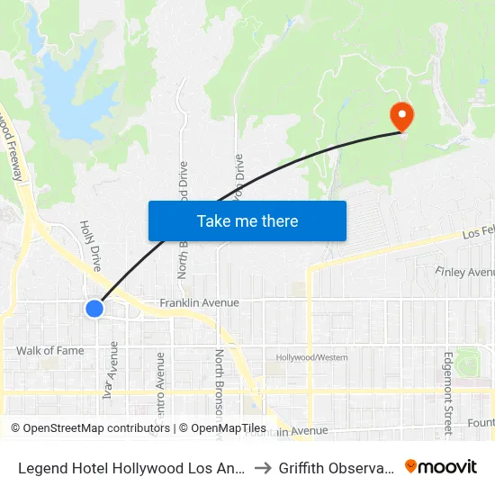 Legend Hotel Hollywood Los Angeles to Griffith Observatory map