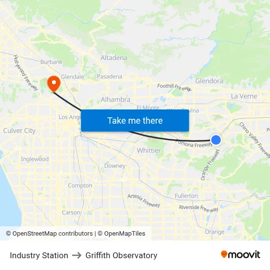 Industry Station to Griffith Observatory map
