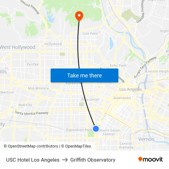 USC Hotel Los Angeles to Griffith Observatory map