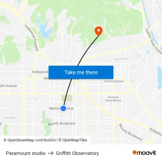Paramount studio to Griffith Observatory map