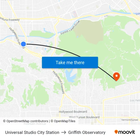 Universal Studio City Station to Griffith Observatory map