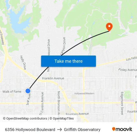 6356 Hollywood Boulevard to Griffith Observatory map
