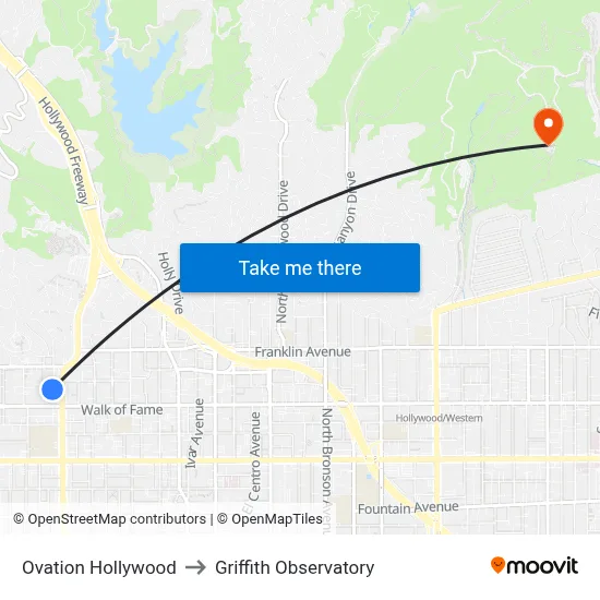 Ovation Hollywood to Griffith Observatory map