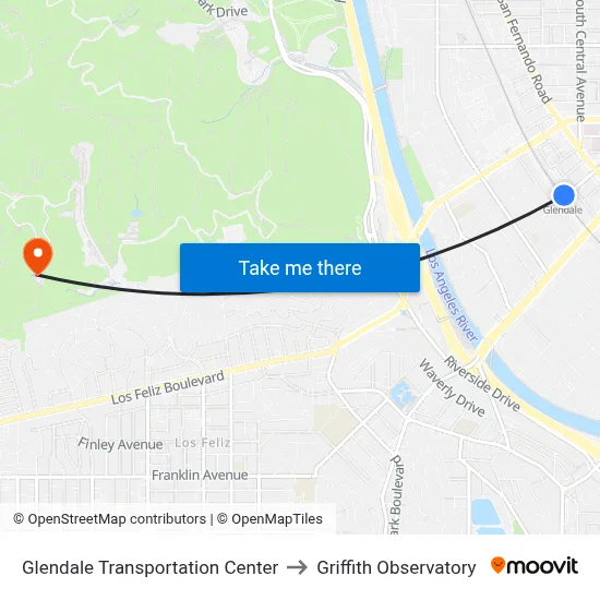 Glendale Transportation Center to Griffith Observatory map