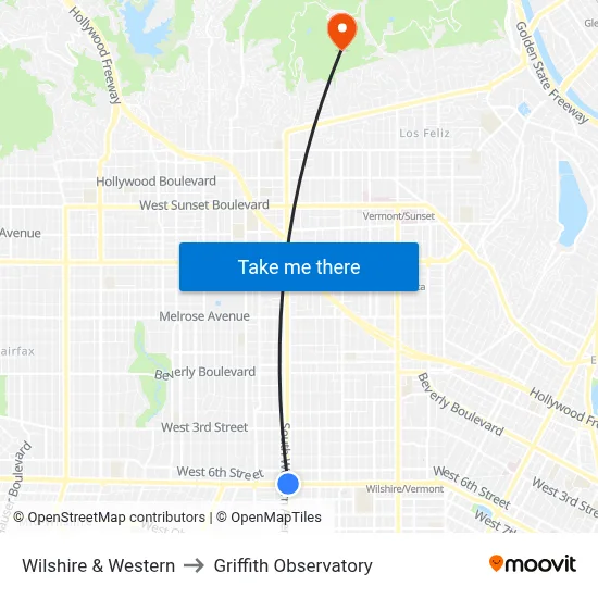 Wilshire & Western to Griffith Observatory map