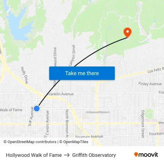Hollywood Walk of Fame to Griffith Observatory map