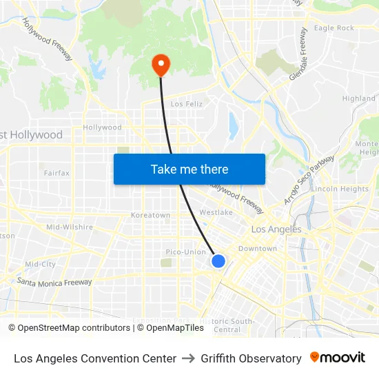 Los Angeles Convention Center to Griffith Observatory map