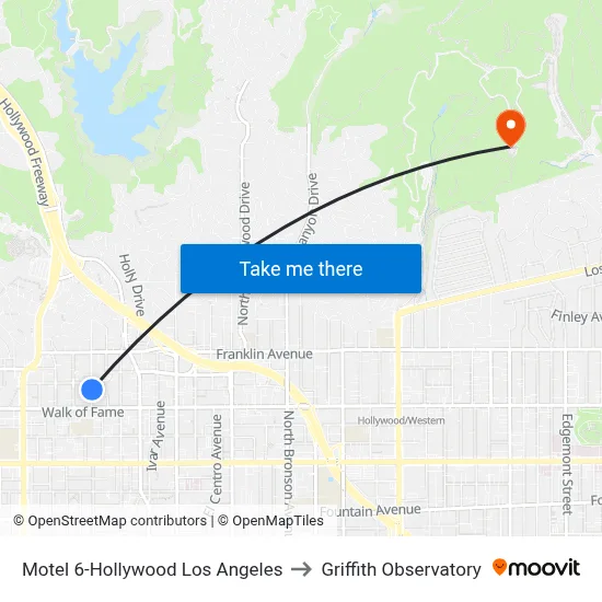 Motel 6-Hollywood Los Angeles to Griffith Observatory map