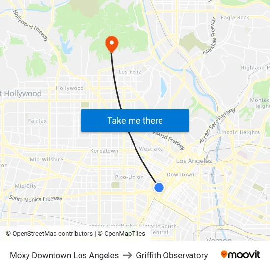 Moxy Downtown Los Angeles to Griffith Observatory map