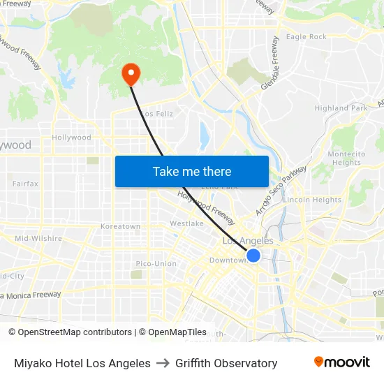 Miyako Hotel Los Angeles to Griffith Observatory map