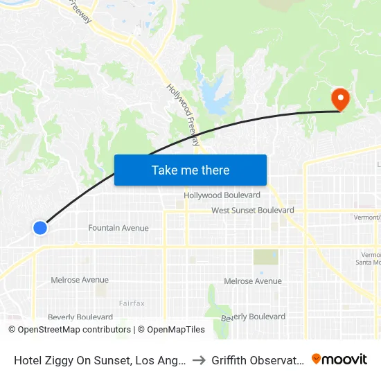 Hotel Ziggy On Sunset, Los Angeles to Griffith Observatory map