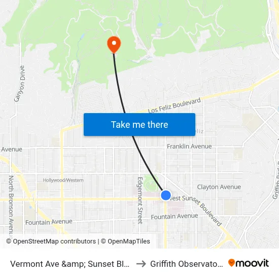 Vermont Ave &amp; Sunset Blvd to Griffith Observatory map
