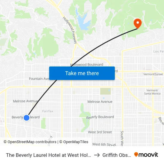The Beverly Laurel Hotel at West Hollywood, Los Angeles to Griffith Observatory map