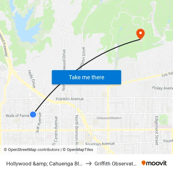 Hollywood &amp; Cahuenga Blvd. to Griffith Observatory map