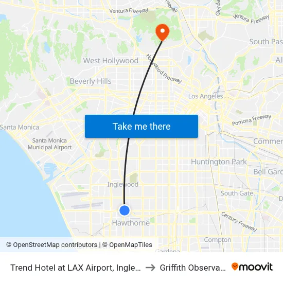 Trend Hotel at LAX Airport, Inglewood to Griffith Observatory map