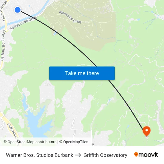 Warner Bros. Studios Burbank to Griffith Observatory map
