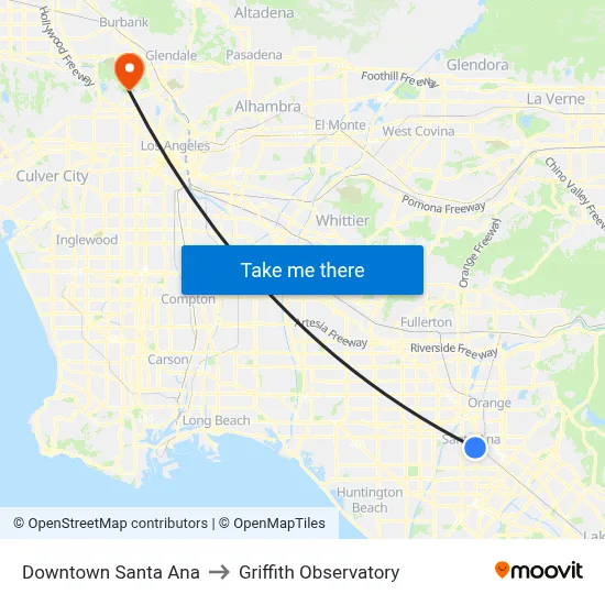 Downtown Santa Ana to Griffith Observatory map