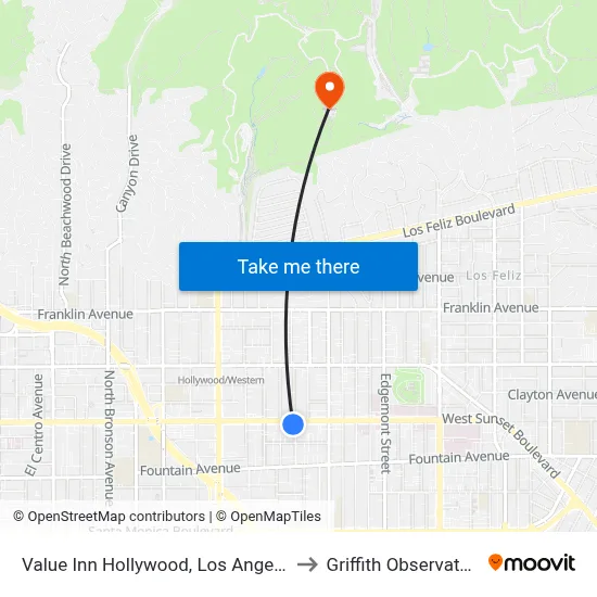 Value Inn Hollywood, Los Angeles to Griffith Observatory map
