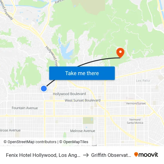 Fenix Hotel Hollywood, Los Angeles to Griffith Observatory map