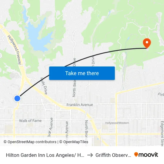 Hilton Garden Inn Los Angeles/ Hollywood to Griffith Observatory map
