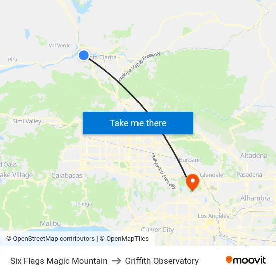 Six Flags Magic Mountain to Griffith Observatory map