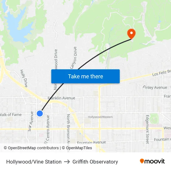 Hollywood/Vine Station to Griffith Observatory map