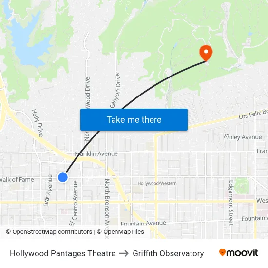 Hollywood Pantages Theatre to Griffith Observatory map