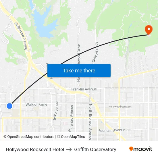Hollywood Roosevelt Hotel to Griffith Observatory map