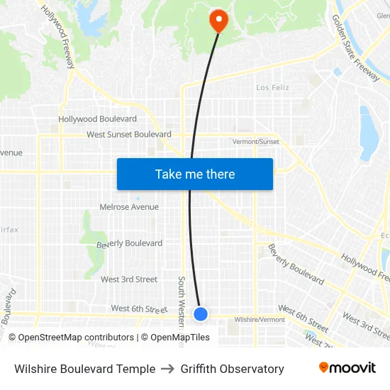 Wilshire Boulevard Temple to Griffith Observatory map
