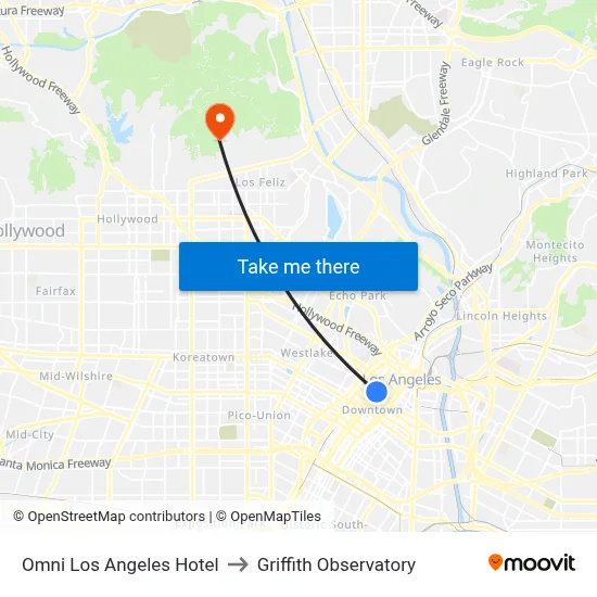 Omni Los Angeles Hotel to Griffith Observatory map