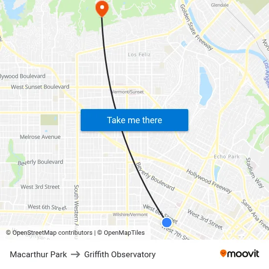 Macarthur Park to Griffith Observatory map