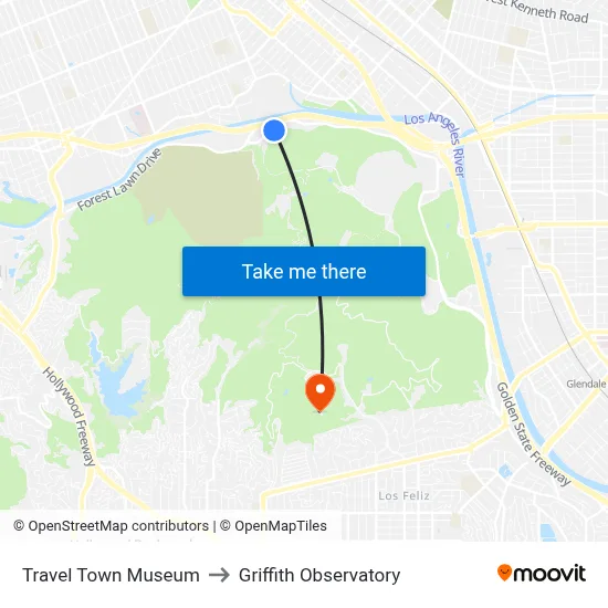 Travel Town Museum to Griffith Observatory map