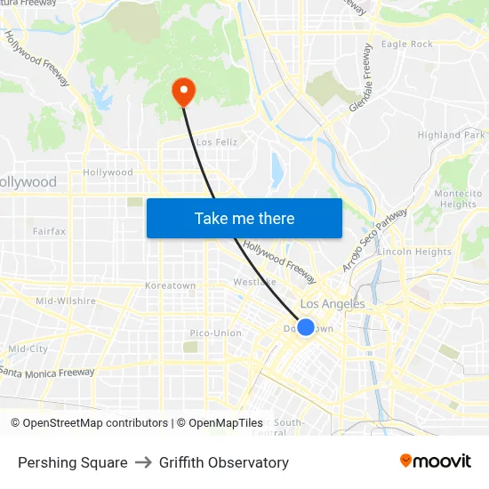 Pershing Square to Griffith Observatory map