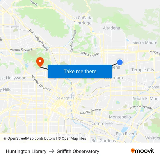 Huntington Library to Griffith Observatory map