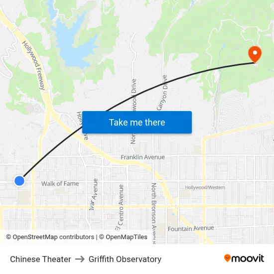 Chinese Theater to Griffith Observatory map