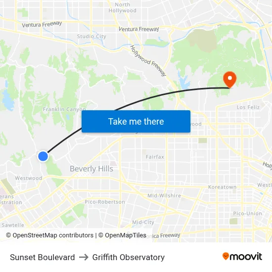 Sunset Boulevard to Griffith Observatory map