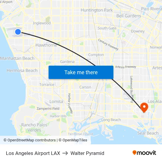 Los Angeles Airport LAX to Walter Pyramid map