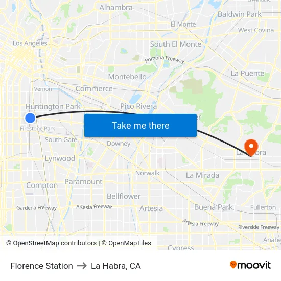 Florence Station to La Habra, CA map