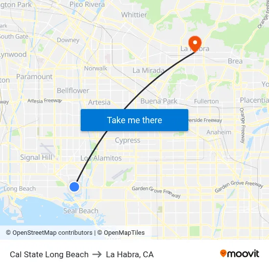 Cal State Long Beach to La Habra, CA map