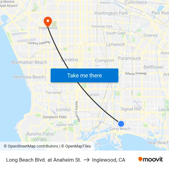 Long Beach Blvd. at Anaheim St. to Inglewood, CA map