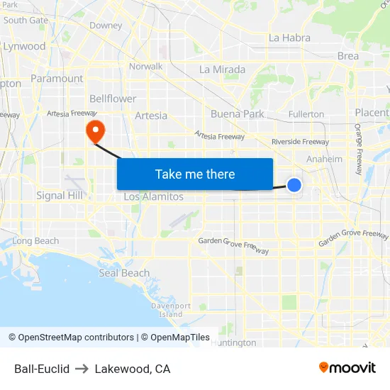 Ball-Euclid to Lakewood, CA map
