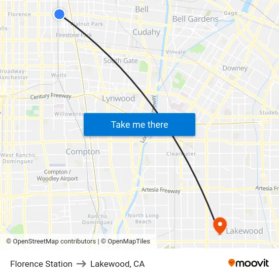Florence Station to Lakewood, CA map