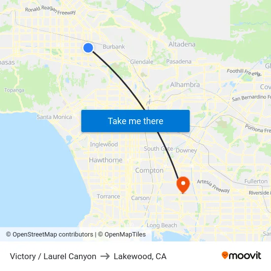 Victory / Laurel Canyon to Lakewood, CA map