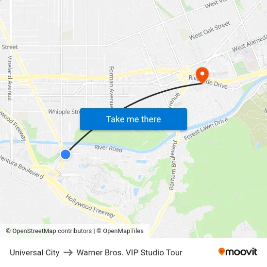 Universal City to Warner Bros. VIP Studio Tour map