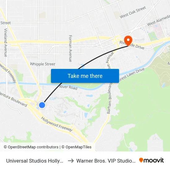Universal Studios Hollywood to Warner Bros. VIP Studio Tour map