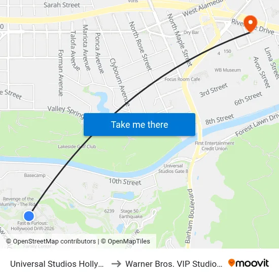 Universal Studios Hollywood to Warner Bros. VIP Studio Tour map