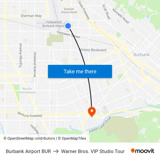 Burbank Airport BUR to Warner Bros. VIP Studio Tour map