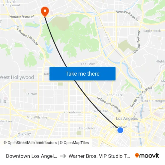 Downtown Los Angeles to Warner Bros. VIP Studio Tour map
